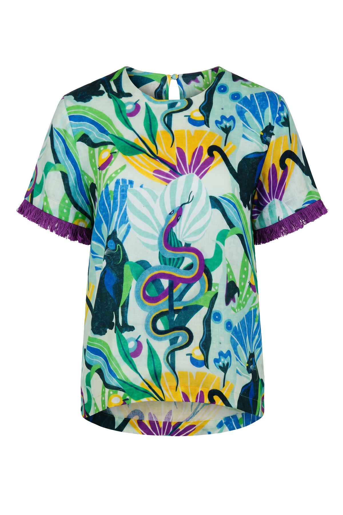 The Violet Jungle Print Cotton Gauze T-shirt with Fringe