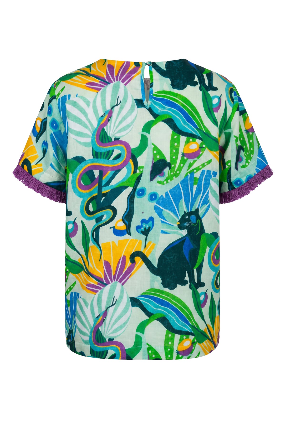 The Violet Jungle Print Cotton Gauze T-shirt with Fringe