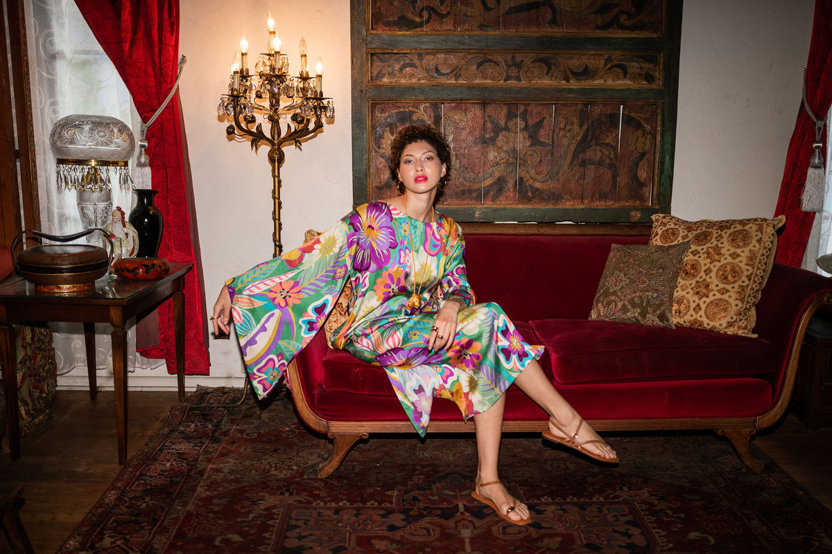 Jen Two Green Mod Floral Classic Kaftan Dress