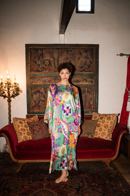 Jen Two Green Mod Floral Classic Kaftan Dress