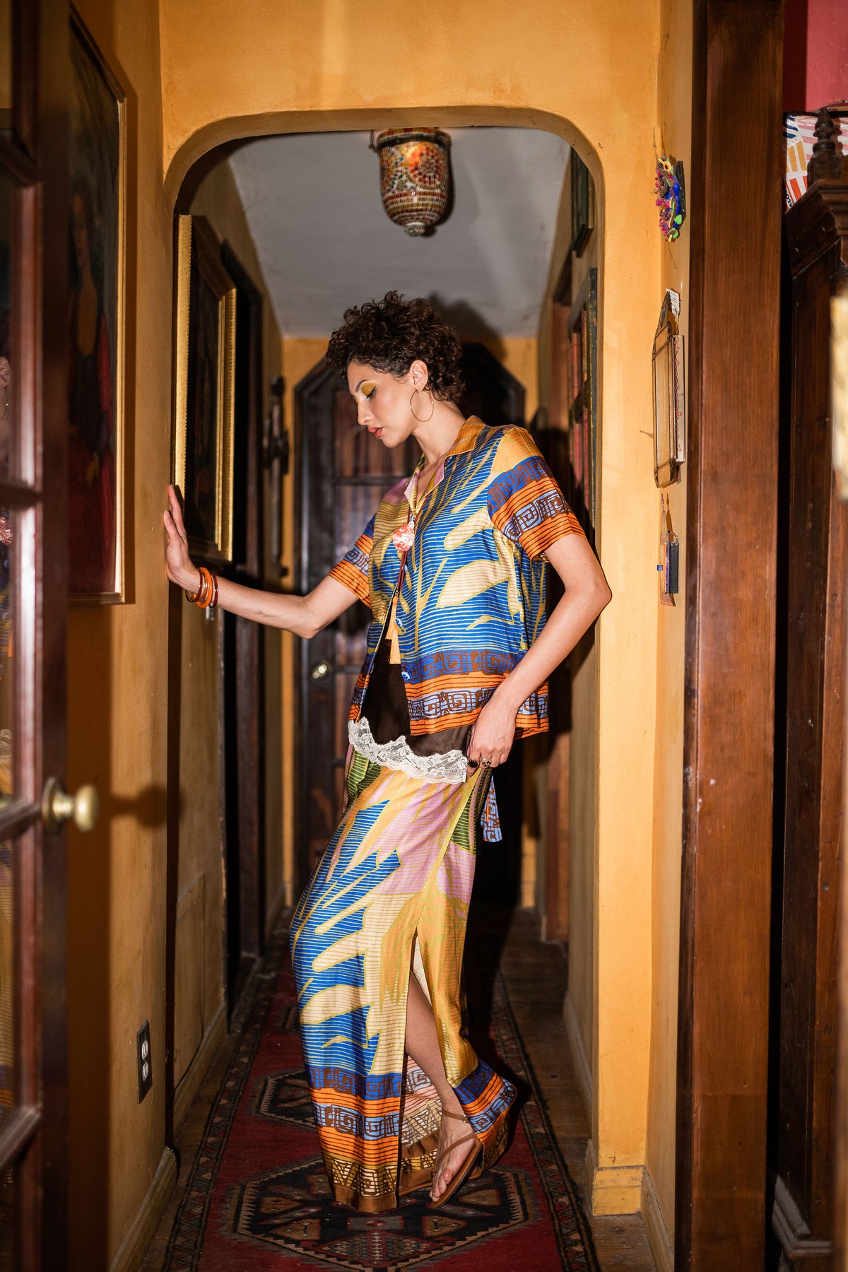 The Janice Silky Palm Abstract Print Wrap Pants