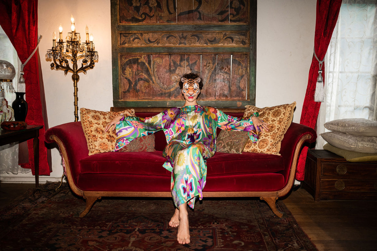 Jen Two Green Mod Floral Classic Kaftan Dress